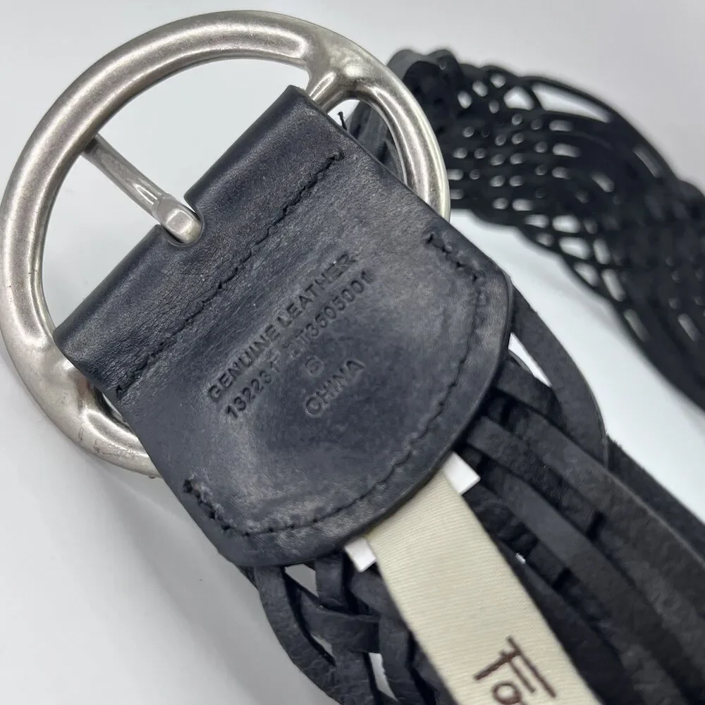 FOSSIL Y2K 90’s Black Braided Leather Belt Women's Grunge Silver Buckle vintage